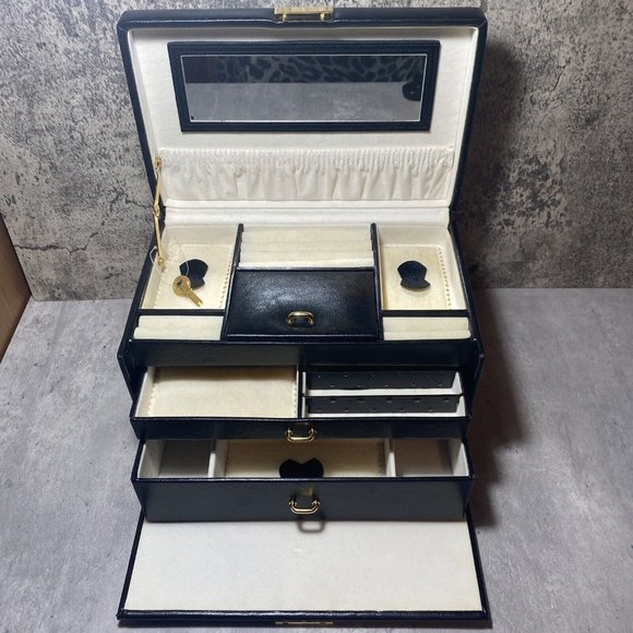 RETRO Black Jewellery Box Travel Case Faux Leather & Key Trays Mirror - Picture 1 of 10